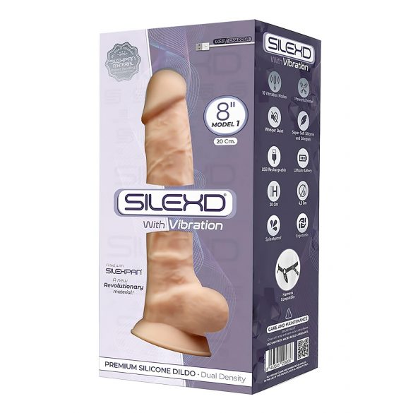 Silexd 8 - formbarer, saugnapfbasierter, vibrierender Dildo mit Hoden - 20cm (natur)