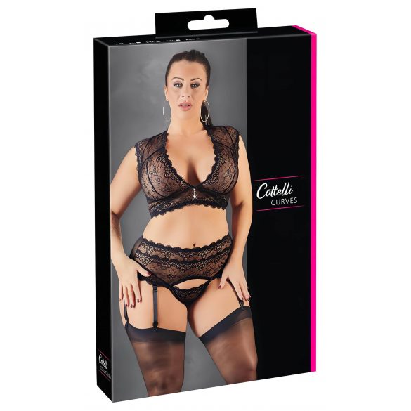 Cottelli Plus Size - Strassverzierter Spitzenwäsche-Set (Schwarz)