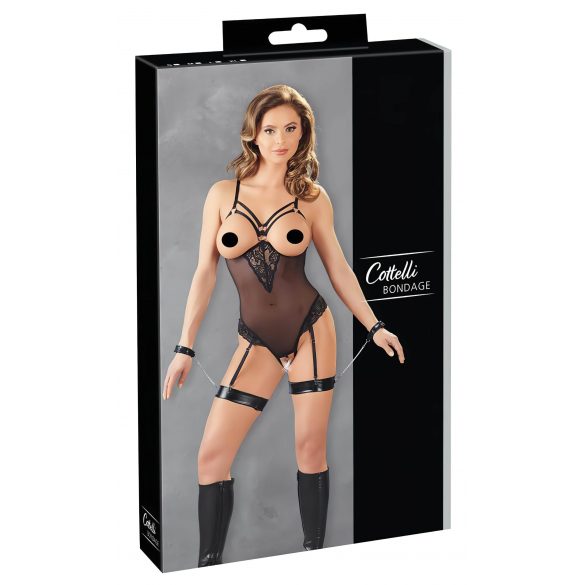 Cottelli Bondage - Schwarzer Body mit Riemen und Handschellen - XL